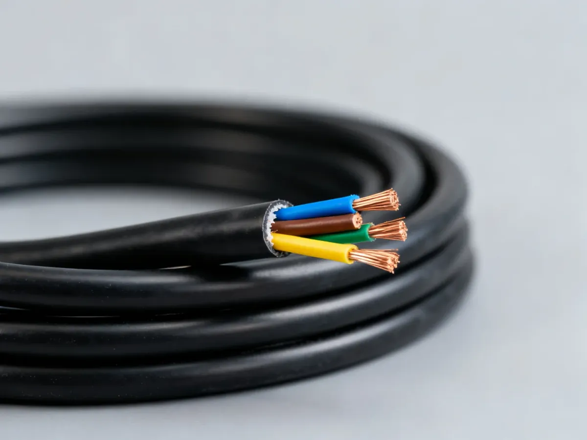 Zwoje przewodu elektrycznego 3x2,5 z widocznymi kolorowymi żyłami miedzianymi na neutralnym tle.