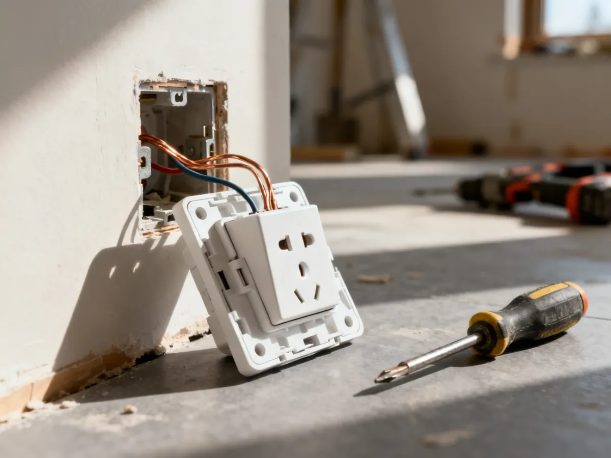 Otwarte gniazdko elektryczne z widocznymi przewodami i śrubokrętem, przygotowane do montażu w instalacji domowej.