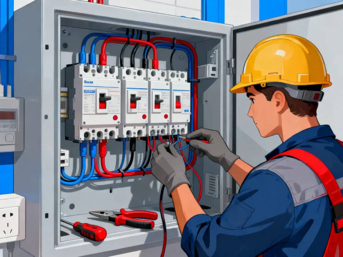Elektryk podłącza czterobiegunowy wyłącznik różnicowoprądowy w rozdzielnicy