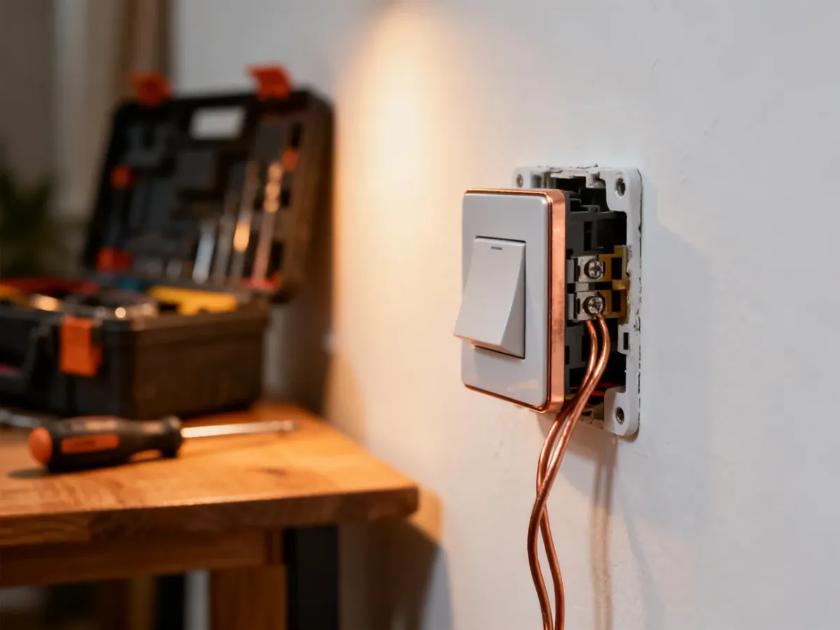 Nowoczesny ściemniacz LED zamontowany na ścianie z widocznym okablowaniem elektrycznym podczas prac montażowych.