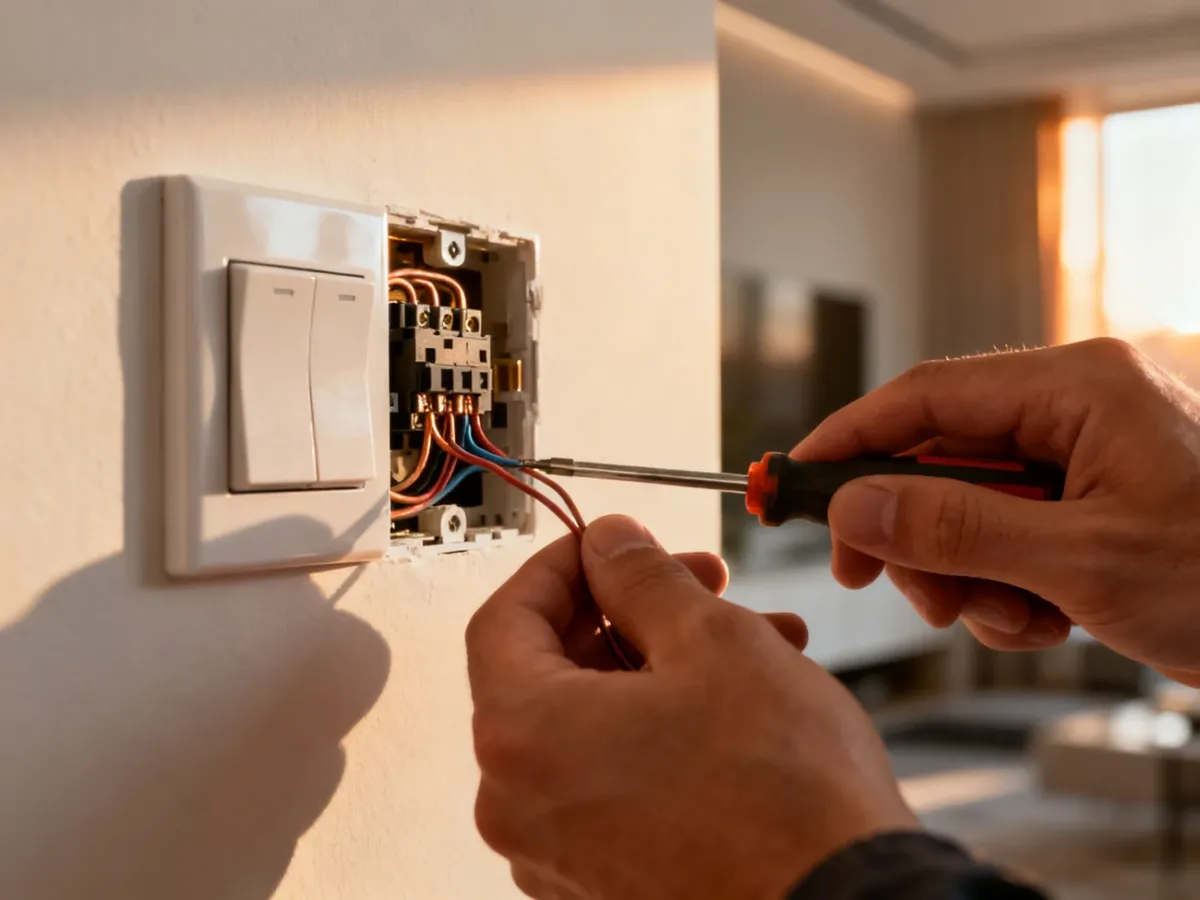 Dłonie elektryka montujące przewody wewnątrz wyłącznika schodowego na jasnej ścianie.