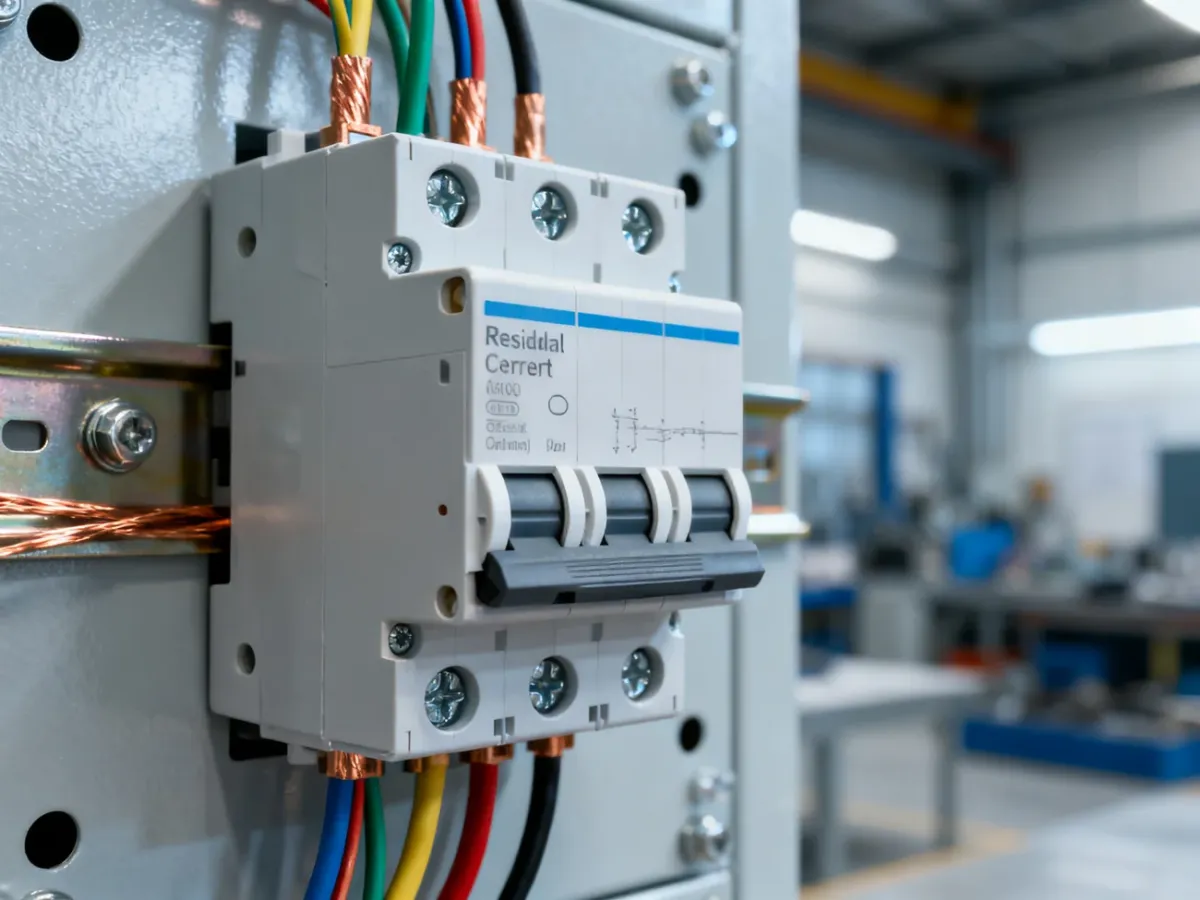 Zbliżenie na nowoczesny wyłącznik różnicowoprądowy 1-fazowy z widocznymi przewodami i zaciskami w rozdzielnicy elektrycznej.