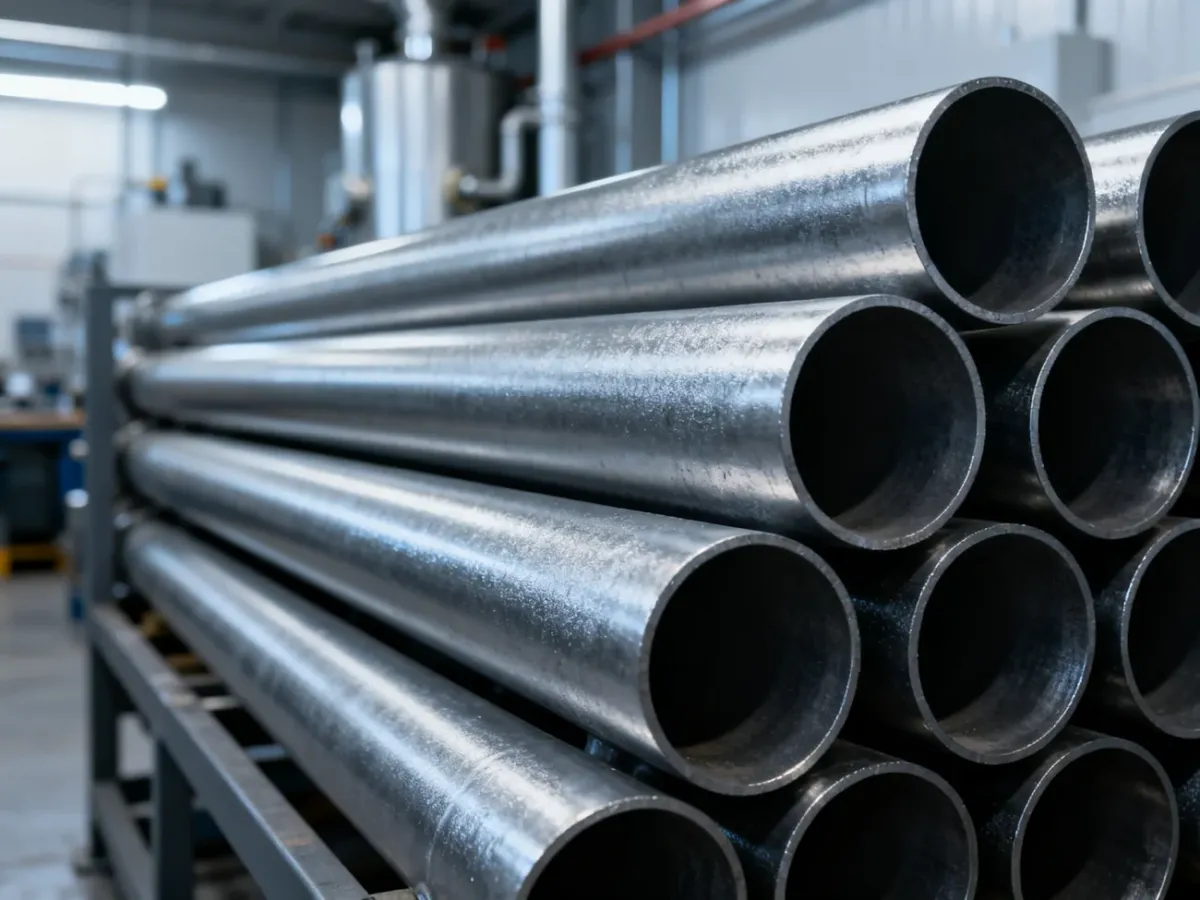 Ułożone w stos stalowe rury instalacji grzewczej w nowoczesnej kotłowni. Widoczne detale metalicznych powierzchni.
