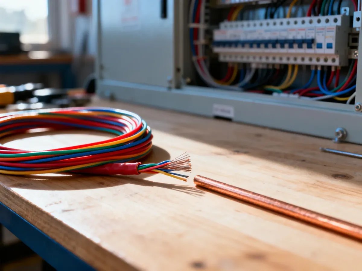 Porównanie elastycznej linki oraz sztywnego drutu miedzianego na warsztacie elektryka.