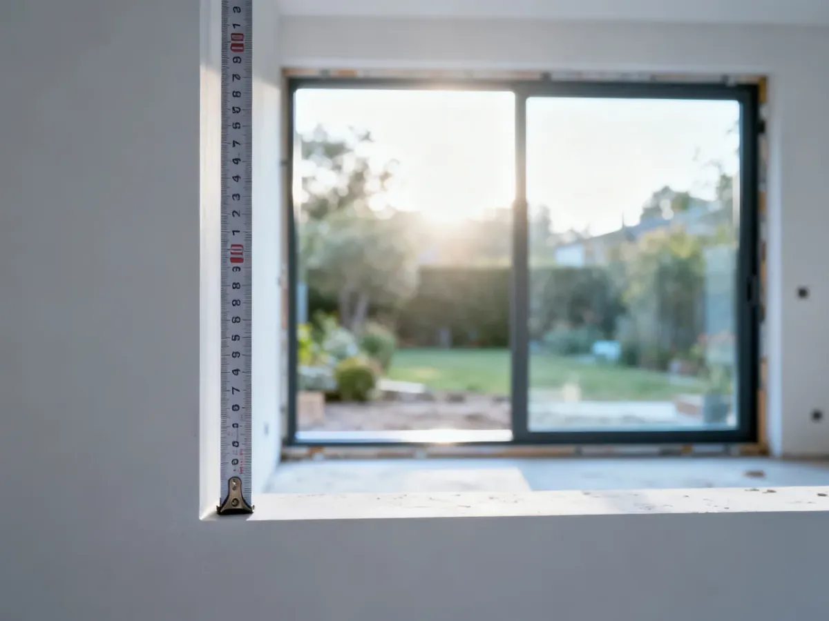 Projekt architektoniczny wnętrza z miarką przy ramie okiennej, obrazujący precyzyjny pomiar wysokości montażu okna.