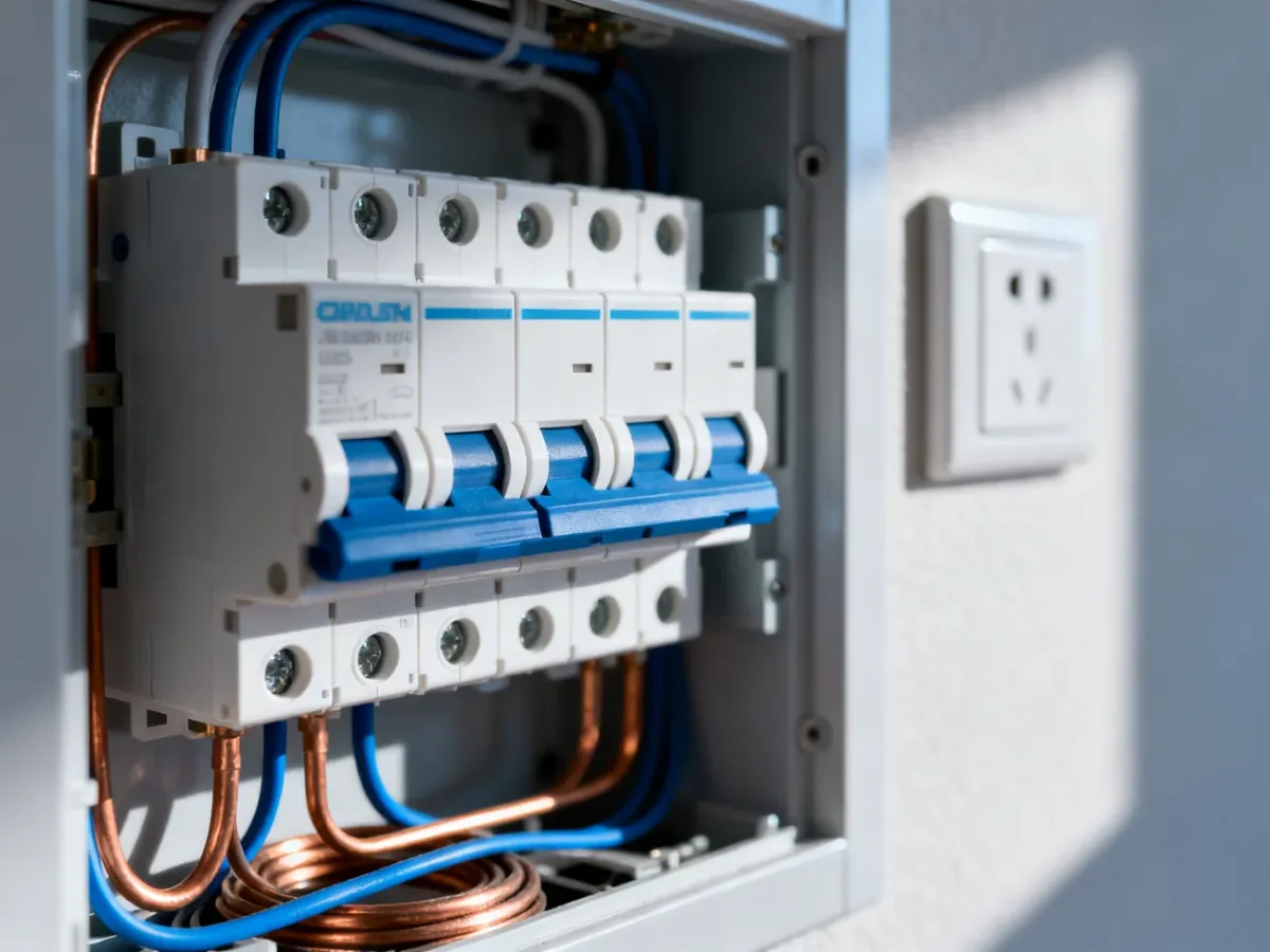 Nowoczesna rozdzielnica elektryczna z wyłącznikami nadprądowymi oraz widoczne w tle gniazdko elektryczne w ścianie.