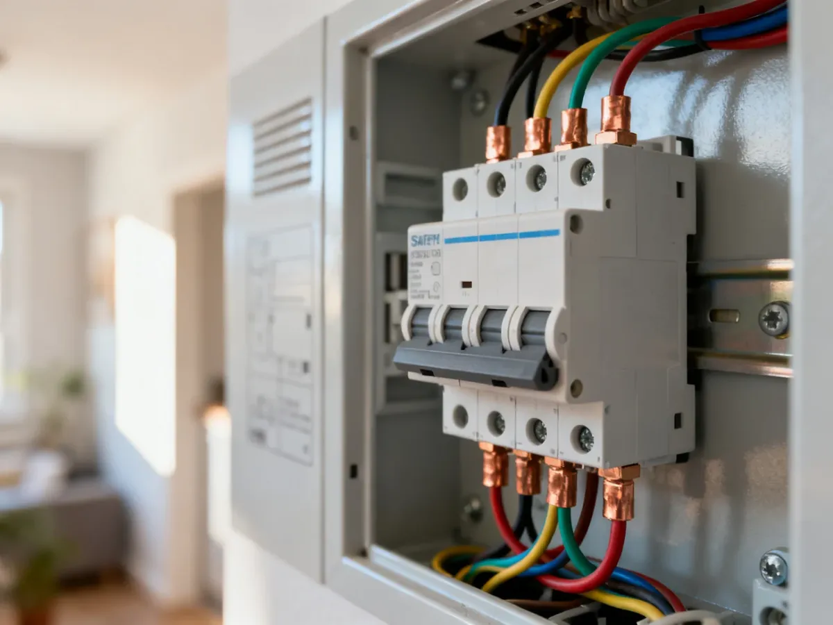 Nowoczesna rozdzielnica elektryczna z wyraźnie wyeksponowanym wyłącznikiem różnicowoprądowym i starannie ułożonym okablowaniem.
