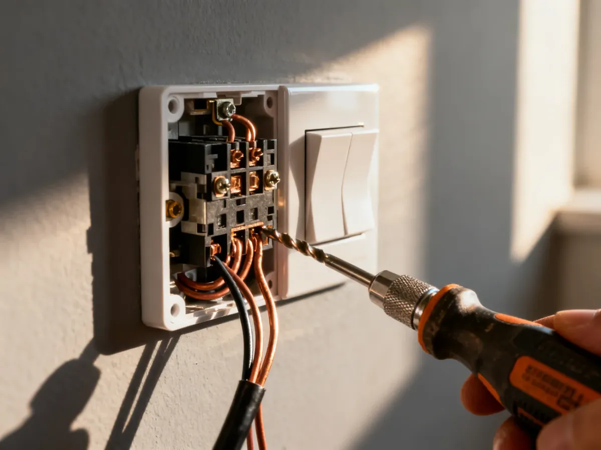 Zbliżenie na proces montażu włącznika światła z widocznymi przewodami i narzędziami elektrycznymi.