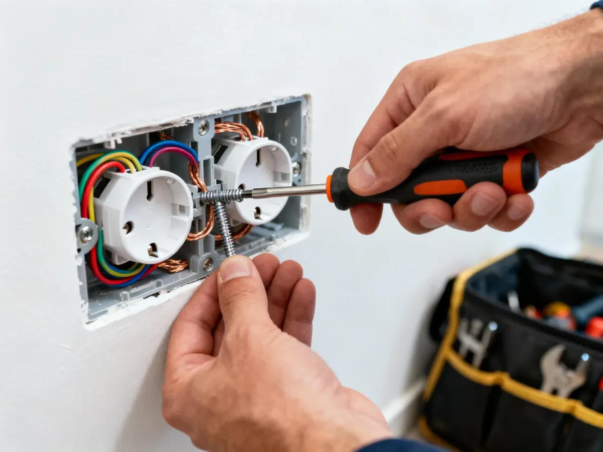 Elektryk dokręca śrubę w gniazdku podwójnym, montując przewody elektryczne na białej ścianie.