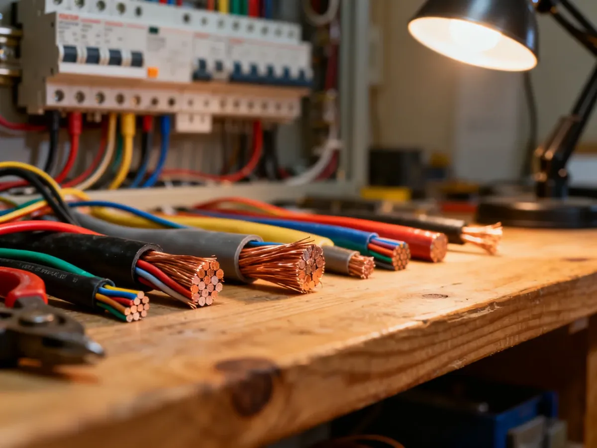 Różnokolorowe przewody elektryczne o różnych przekrojach ułożone na warsztacie w tle rozdzielnicy z bezpiecznikami.