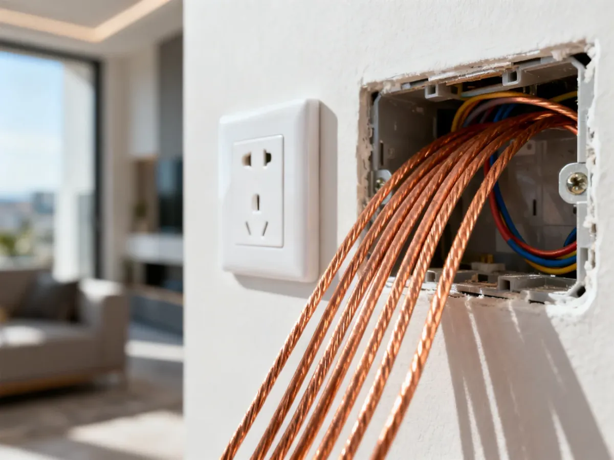 Otwarte puszki instalacyjne z uporządkowanymi przewodami miedzianymi połączonymi równolegle.