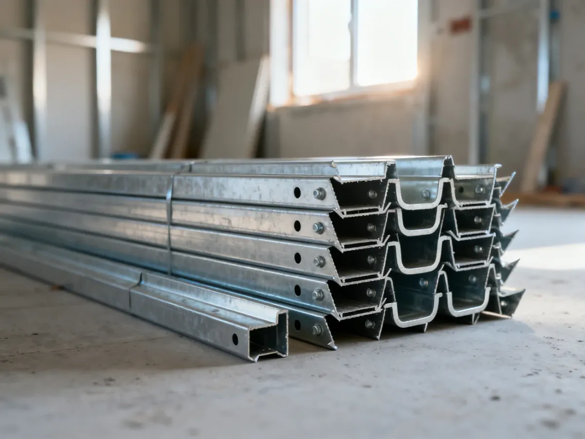 Metalowe profile typu U i C do montażu ścianek gipsowo-kartonowych ułożone na betonowej podłodze.