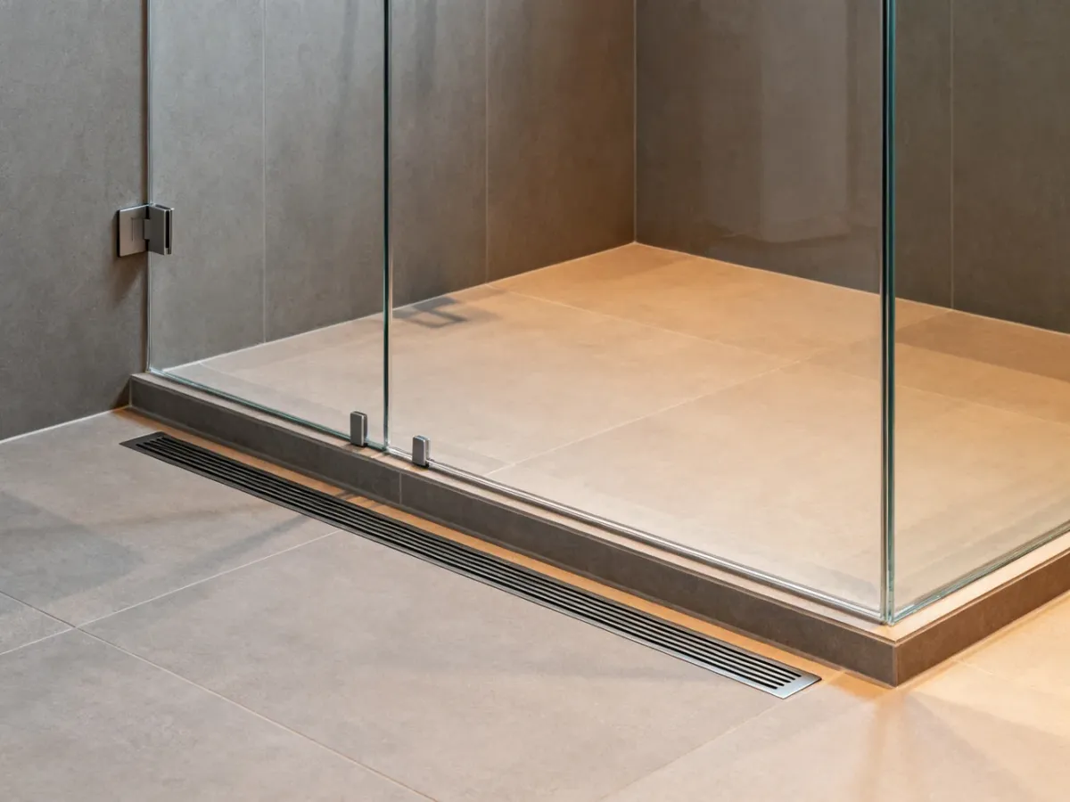 Minimalistyczny prysznic walk-in z odpływem liniowym w ścianie
