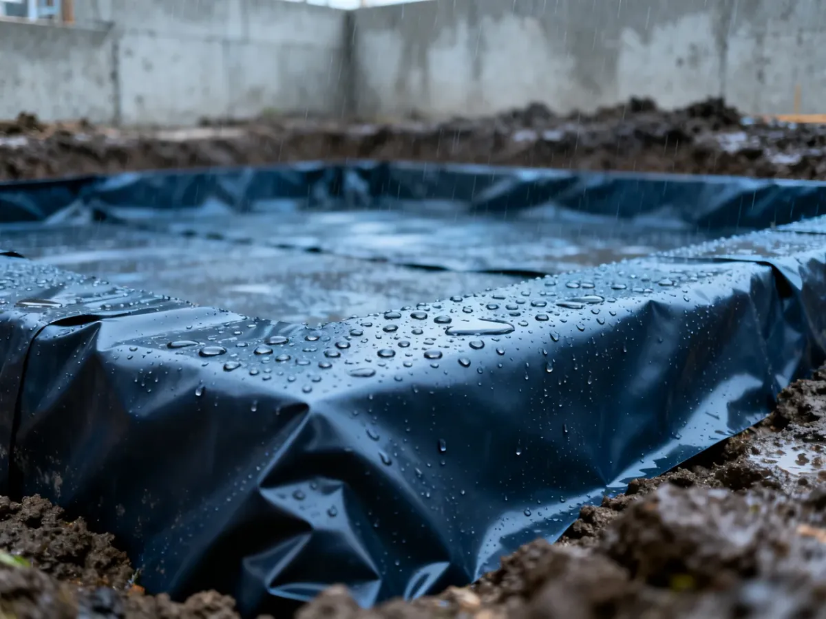 Fundament budynku zabezpieczony ciemną membraną hydroizolacyjną, na której widoczne są krople deszczu.