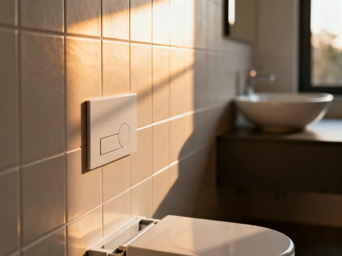 Nowoczesna zabudowa podtynkowa stelaża WC z estetycznym przyciskiem spłukującym w minimalistycznej łazience.