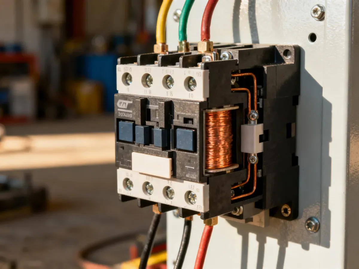 Zbliżenie na jednofazowy wyłącznik elektromagnetyczny z widocznym okablowaniem zamontowany w rozdzielnicy elektrycznej.