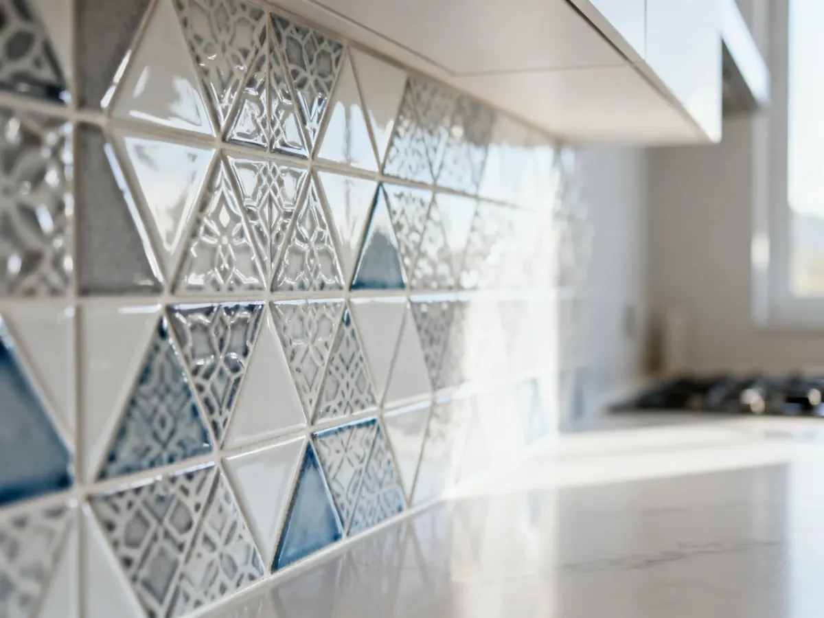 Zbliżenie na ceramiczne płytki z geometrycznym wzorem, ułożone w nowoczesnej kuchni o chłodnej kolorystyce.