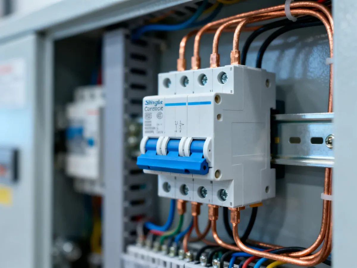 Nowoczesny wyłącznik różnicowoprądowy jednofazowy zamontowany w rozdzielnicy elektrycznej z uporządkowanym okablowaniem.
