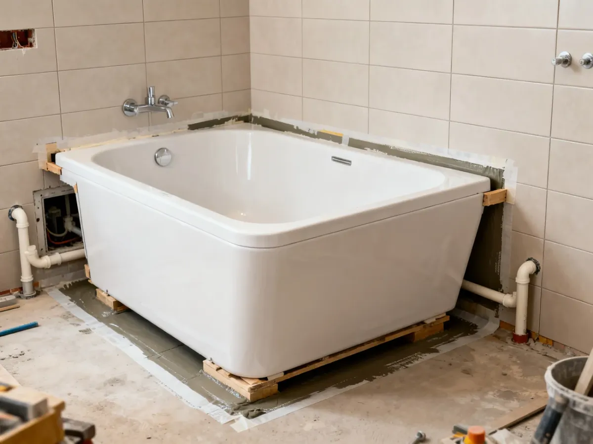 Montaż wanny do zabudowy w łazience z przygotowanymi płytkami i instalacją