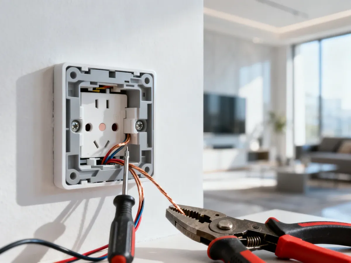 Elektryk podłącza przewody do nowoczesnego gniazdka ściennego przy użyciu profesjonalnych narzędzi.