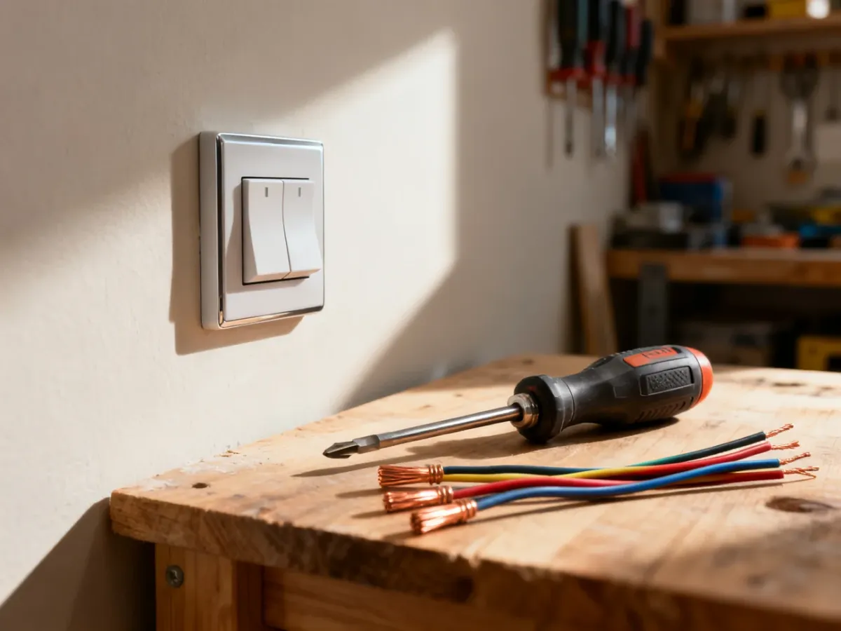 Nowoczesny włącznik światła na ścianie oraz przygotowane narzędzia i przewody elektryczne na stole warsztatowym.