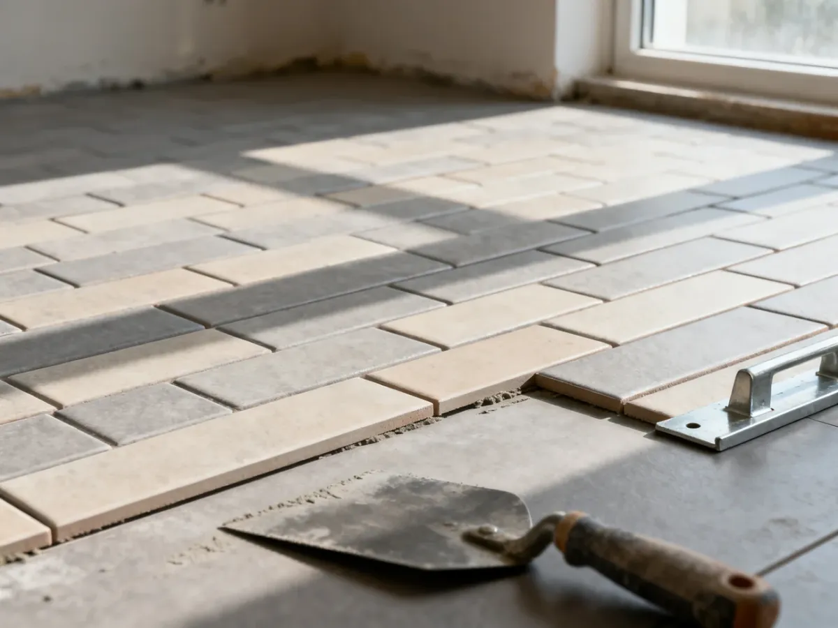 Płytki ceramiczne ułożone w przesunięciu 1/3 z widocznymi narzędziami montażowymi na podłodze.