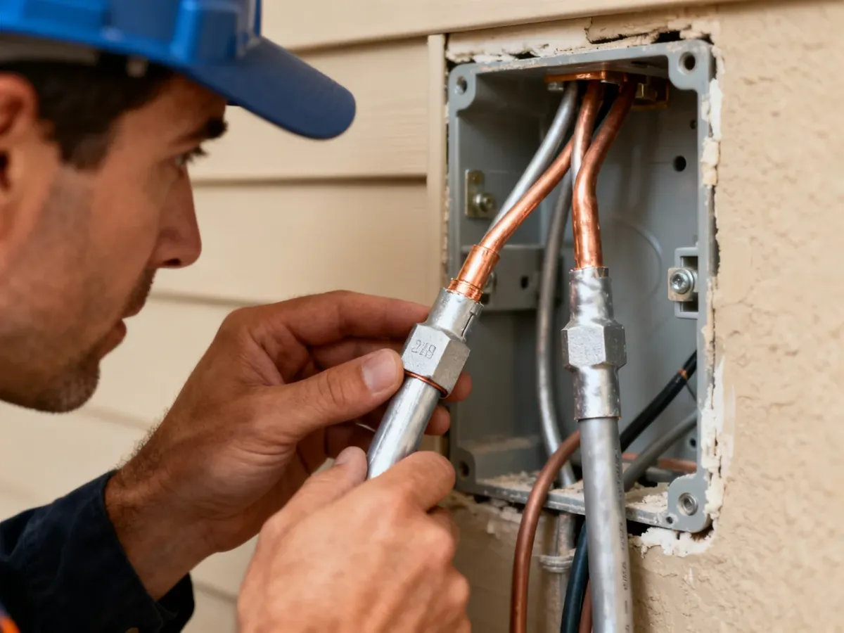 Elektryk sprawdzający połączenie przewodów miedzianego i aluminiowego w puszce instalacyjnej