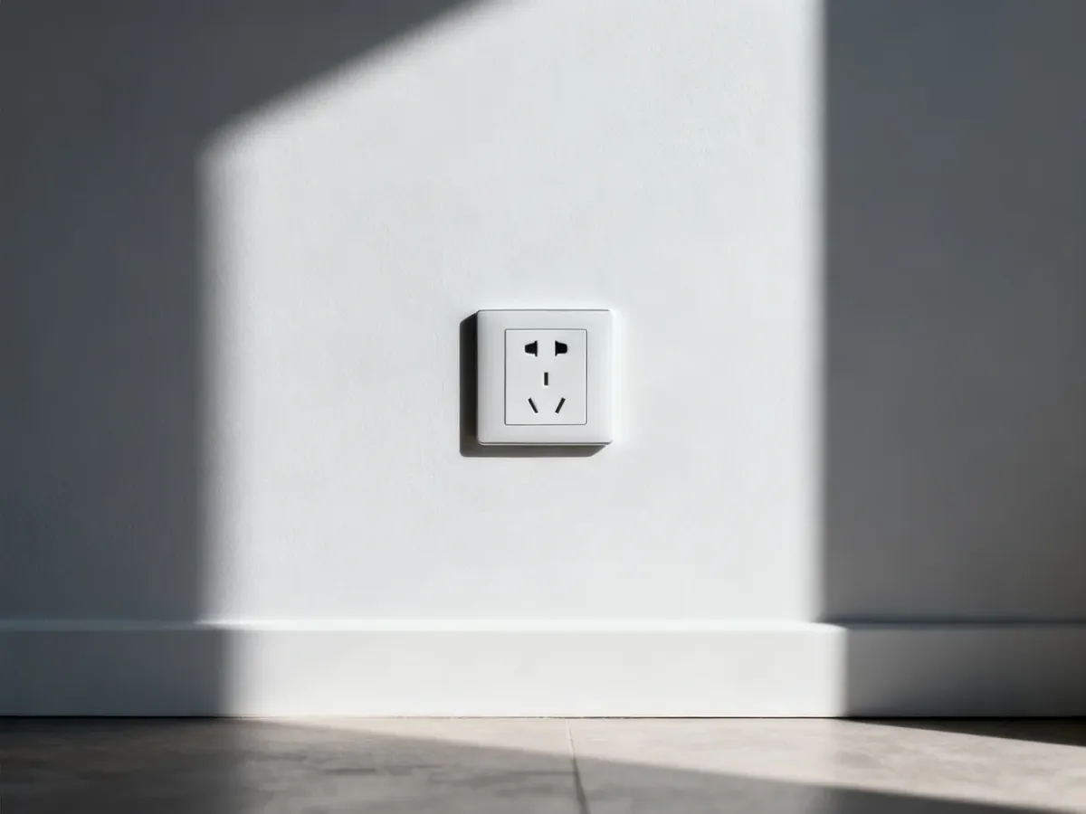 Nowoczesne gniazdko elektryczne zamontowane na jasnoszarej ścianie, prezentujące standardową wysokość instalacji.