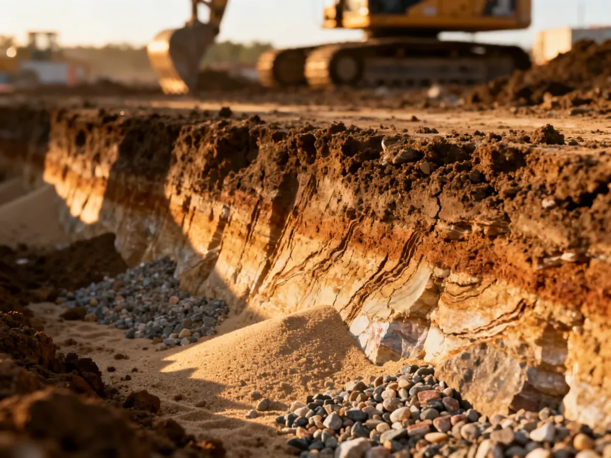Przekrój geologiczny różnych warstw gleby, piasku i żwiru na tle placu budowy w porannym świetle.