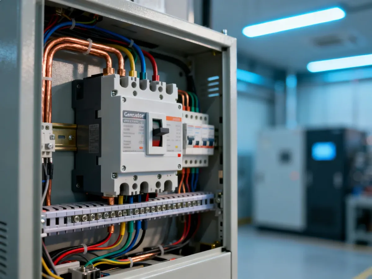 Przełącznik źródła zasilania sieć-agregat zamontowany w rozdzielnicy elektrycznej z uporządkowanym okablowaniem.