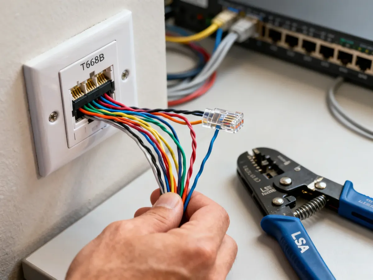 Układanie kolorowych żył przewodu w gnieździe RJ45 według standardu T568B