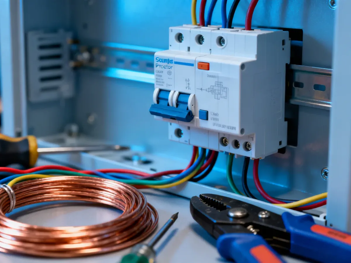 Elektryk montujący ogranicznik przepięć w rozdzielnicy elektrycznej przy użyciu profesjonalnych narzędzi.