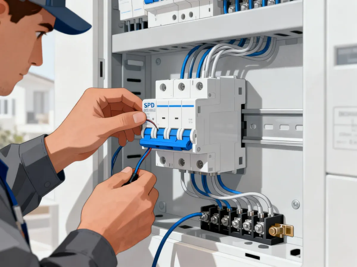 Elektryk podłącza ogranicznik przepięć w uporządkowanej rozdzielnicy elektrycznej
