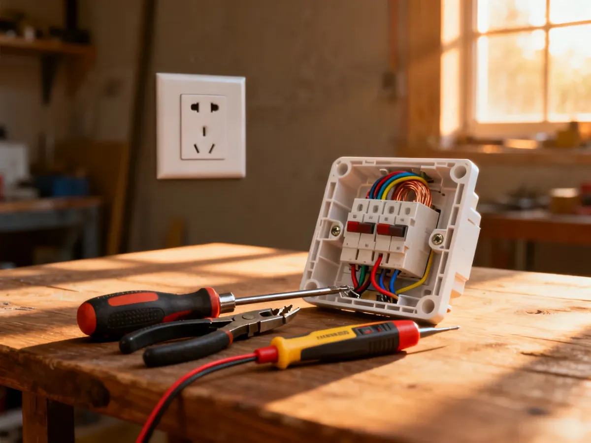 Narzędzia elektryczne oraz otwarte gniazdko z przewodami przygotowane do samodzielnej naprawy na drewnianym stole.