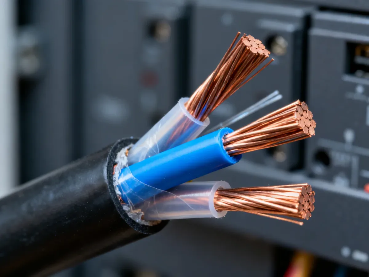 Zbliżenie na przekrój przewodu elektrycznego z wyraźnie wyodrębnioną niebieską żyłą neutralną na tle rozdzielnicy.