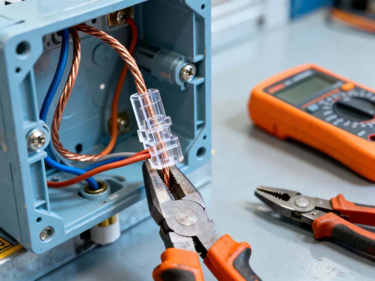 Elektryk łączący przewody miedziane przezroczystą złączką w puszce instalacyjnej